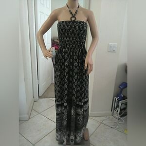 LK. NEW "Petite Magic" Black & Gray Patterned Dress HEARTS SMOCK BEAD TIE SZ.PM?